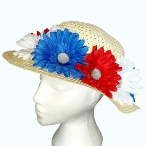 GROOVY GLAM Patriotic Red White and Blue Daisies Beige Wide Brim Woven Straw Hat